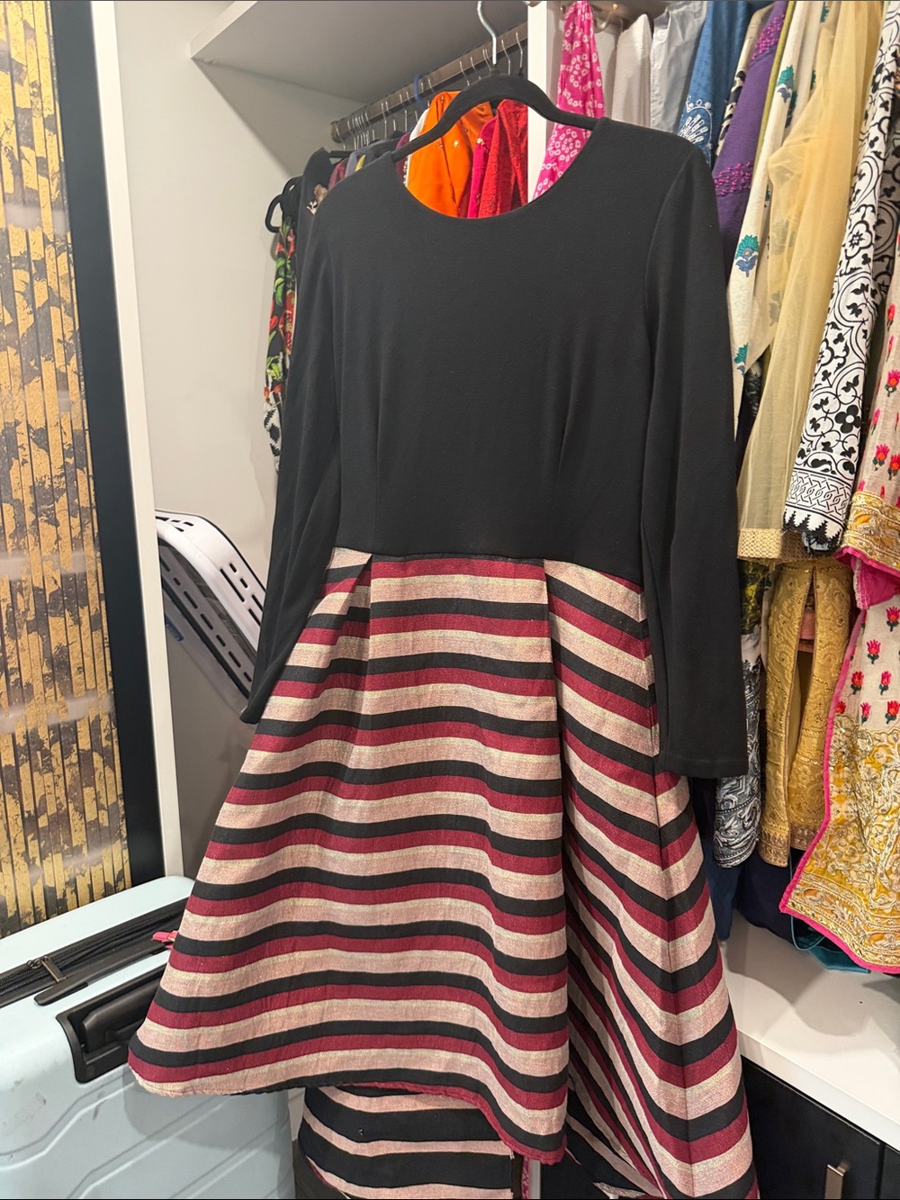 Hutch Black Long-Sleeve Top with Burgundy and pink Striped High-Low Skirt Dress
